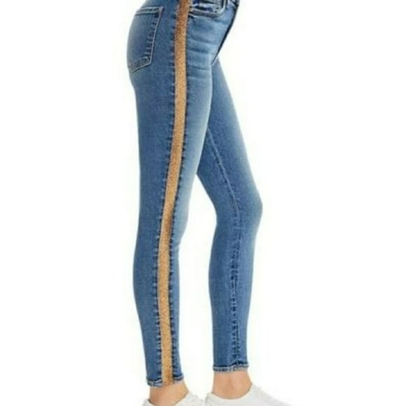 7 For All Mankind Ankle Skinny Jean High Waist Gold Stripe Blue Women's 27 - Picture 1 of 15